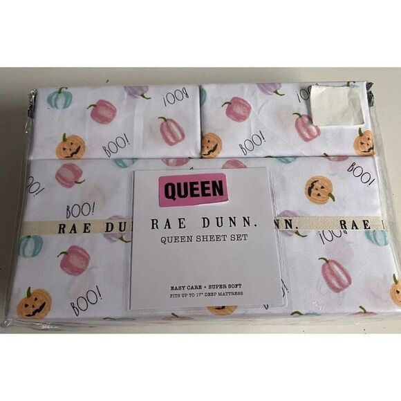 Rae Dunn Pumpkin Pastel Jack O Lantern BOO Halloween Queen Size Sheet Set NEW - Picture 1 of 13